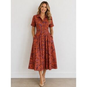 ALEXIS for Target Midi Dress Small Tropical Leaf Print Button Front Pockets